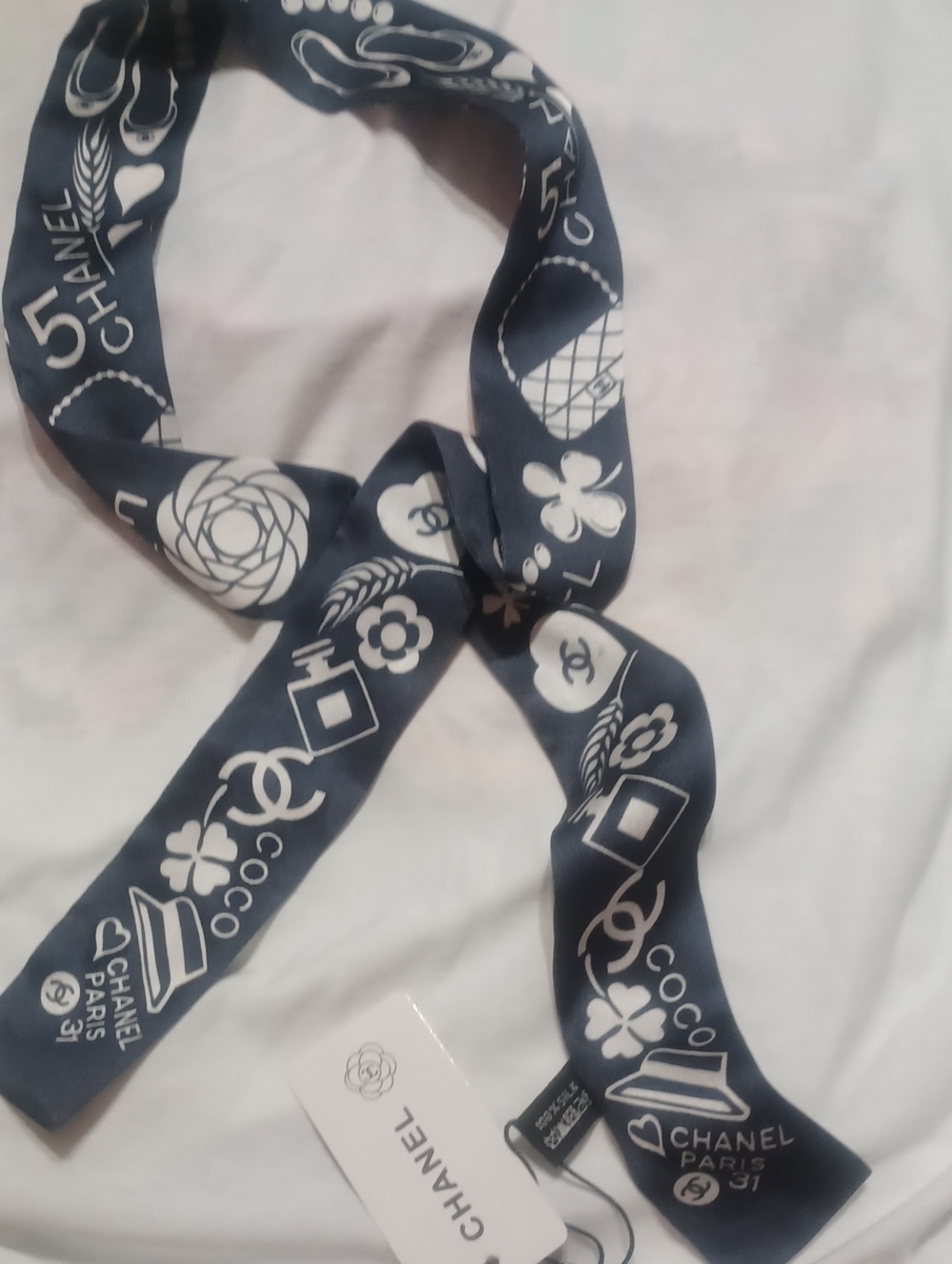 CHANEL Gray and White Logo Twilly Scarf